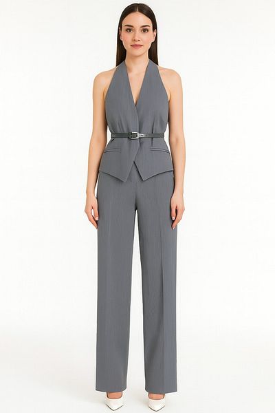 My Blog Gray Striped Vest Trousers Set - 9569
