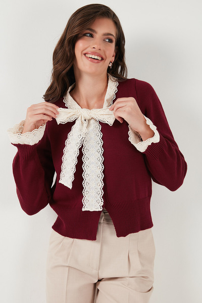 Lela Premium Lace Tie Collar Regular Fit Button Knitwear Cardigan Cardigan 680Hi00251