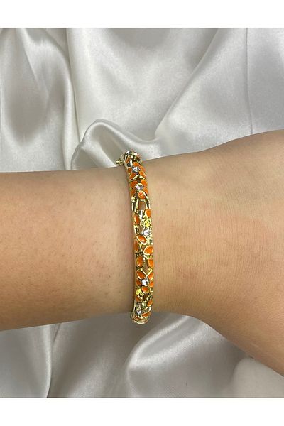 GLOWVİA AKSESUAR Women's Orange Enamel Handcuff Bracelet Thin New Season