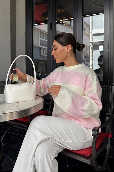 Madmext Pink Crew Neck Striped Knitwear Women's Sweater Mg2472