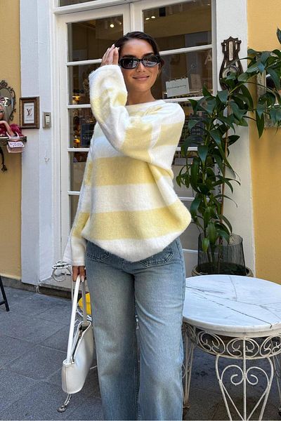 Madmext Yellow Crew Neck Striped Knitwear Women's Sweater Mg2472
