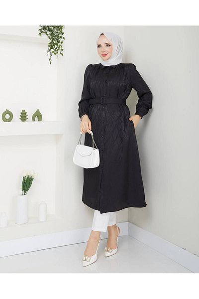 She Olive Self-Patterned Satin Finish Belt with Buttons Hijab Tunic