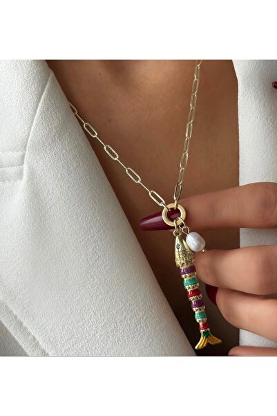 mibrillo قلادة حظ على شكل سمكة ذهبية مع سلسلة مشبك ولؤلؤ ديل