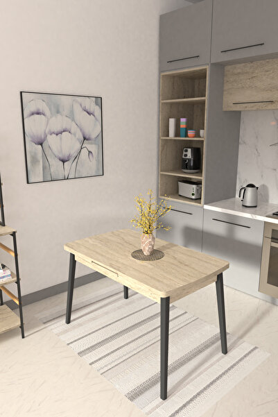 VİLİNZE Avanos Ahşap Siyah Ayak Açılır Kapanır Mdf Traverten Mutfak Masası - 70x120+30 cm