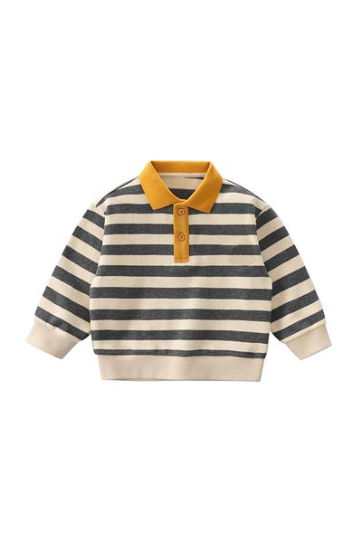 L&Wen Boys Striped Long Sleeve Polo Shirt with Elastic Cuffs, Cozy Kids Top Grey 130 (7 Years)