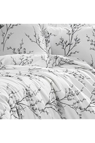Pucioasa Crepe bed linen with elastic for mattress 140x200cm, 100% cotton, grey twigs with buds