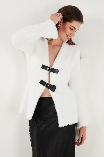 Lela Premium Regular Fit V-Neck Double Belt Plush Cardigan Cardigan 680Hi00112