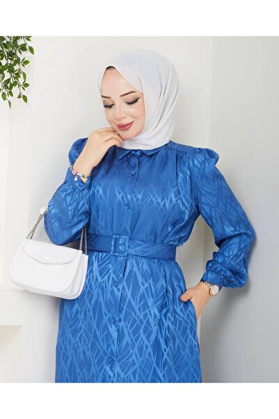 She Olive Self-Patterned Satin Finish Belt with Buttons Hijab Tunic