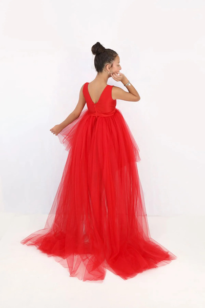 MadyaButik Kız Çocuk Kırmızı Ön Kısa Arka Uzun Anvelop Elbise Mezuniyet Parti Balo Doğum Günü Elbise