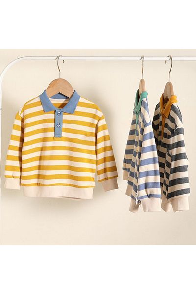 L&Wen Boys Striped Long Sleeve Polo Shirt with Elastic Cuffs, Cozy Kids Top Grey 130 (7 Years)
