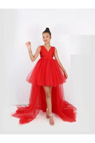 MadyaButik Girls' Red Front Short Back Long Wrap Dress Graduation Party Prom Birthday Dress