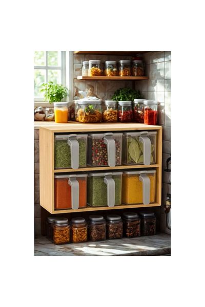 Piev 9-Piece Transparent Spice Rack with Bamboo Stand, Compartments, Lid and Spoon