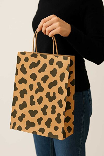 HDF PAZARLAMA 25 ADET SİYAH LEOPAR DESENLİ 18*8*24 KRAFT ÇANTA