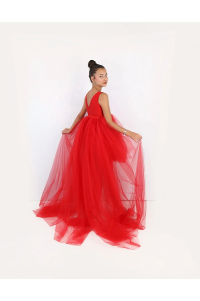 MadyaButik Kız Çocuk Kırmızı Ön Kısa Arka Uzun Anvelop Elbise Mezuniyet Parti Balo Doğum Günü Elbise