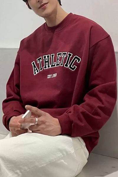 North London Men's Embroidery Printed Crew Neck Burgundy Oversize Sweatshirt