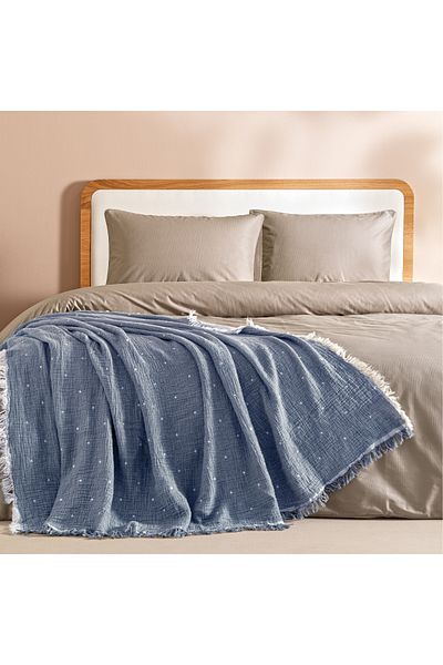 Penelope 100% Cotton Muslin Bedspread 160X240 cm Blue - Glen Series