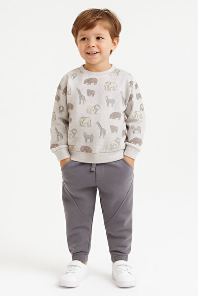 Dirkje طقم رياضي من الصوف بطبعة سفاري للأولاد - رمادي رملي وبنفسجي - قطعتين