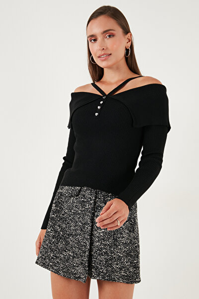 Lela Pulover din tricot cu detaliu de curea cu șnur, cu gât Carmen, cu o formă ajustată premium, 680KZ00076