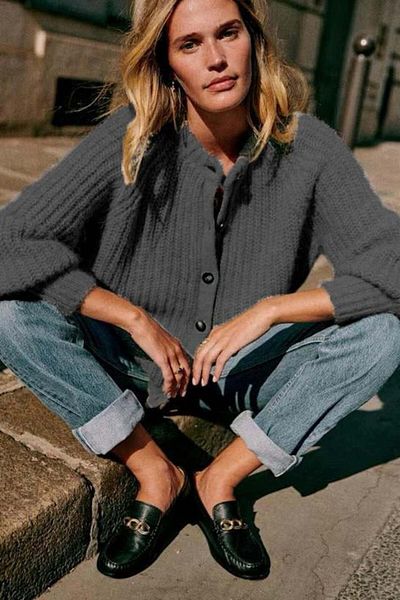 Madmext Anthracite Crew Neck Thessaloniki Knitted Buttoned Women's Cardigan Mg2487