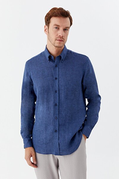 Sabri Özel Uzun Kollu Keten Erkek Gömlek İndigo