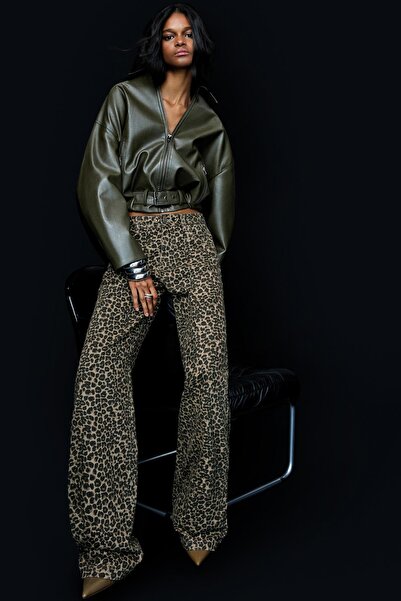 Bershka Straight-leg animal print trousers with studs