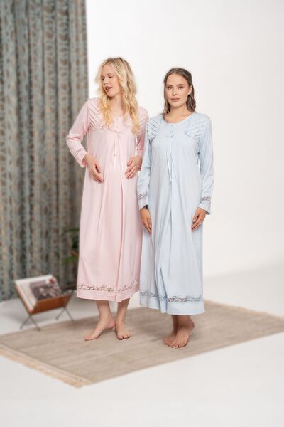 Pelin Women's Blue Lace Detailed Maternity Nightgown
