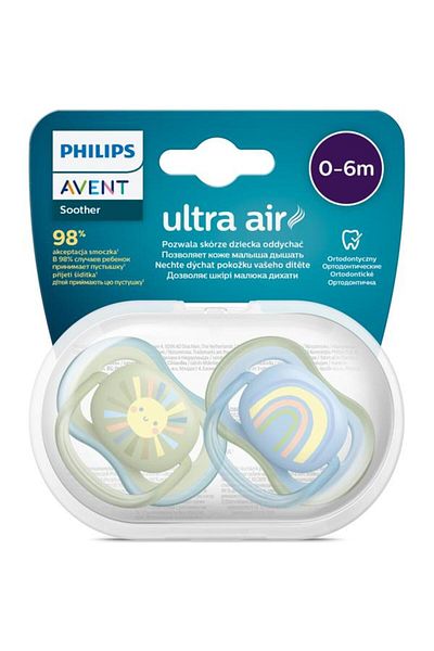 Philips Set 2 suzete Philips-Avent SCF085/58, ultra air pacifier 0-6 luni, Ortodontice, fara BPA, Curcubeu/S