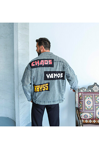 SCSARVİN Düğmeli Sırt Baskılı Kol Pis Kesim Kot Ceket VS5039