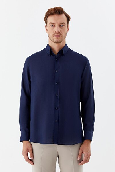 Sabri Özel Long Sleeve Linen Men's Shirt Navy Blue