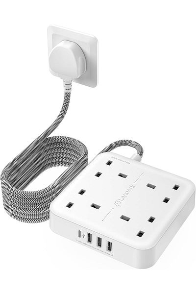 LENCENT Extension Lead with USB C Port, 4 Way Outlets Power Strip with 4 USB Ports (3.4A, 1 Type C a