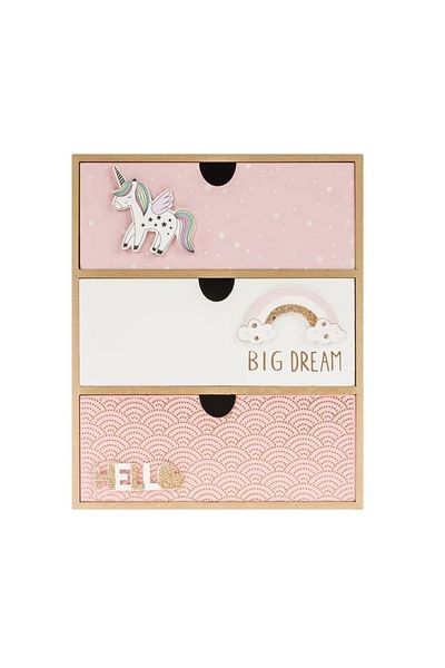 divendi-ro Decorative Box with 3 Drawers, 3D Unicorn Model, wood, 21x10x27x27cm, pink/white