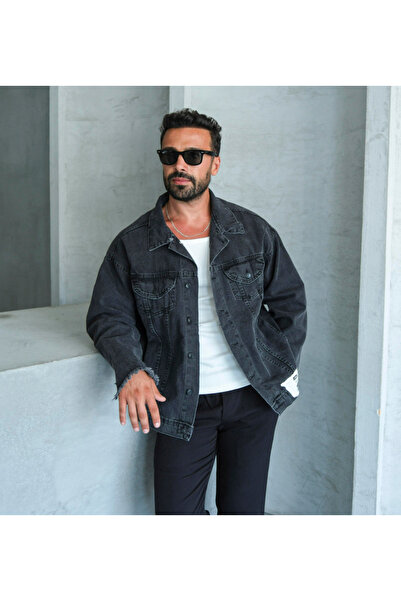 SCSARVİN Düğmeli Sırt Baskılı Kol Pis Kesim Kot Ceket VS5039