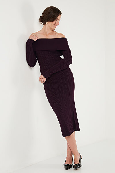 Lela Premium Fitilli Carmen Yaka Slim Fit Midi Boy Triko Elbise ELBİSE 680EL00033