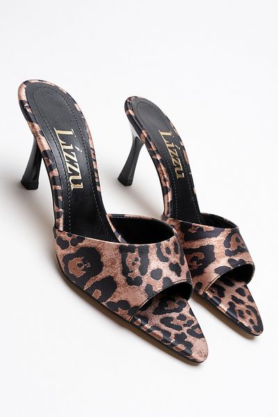 Lizzu Women's Pointed Toe Open Heeled Slippers Leni Leopard
