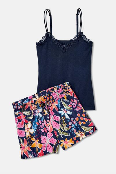 Tchibo Women 2 Pcs Floral Sleeveless Top And Pyjama Short Set, Navy Combo