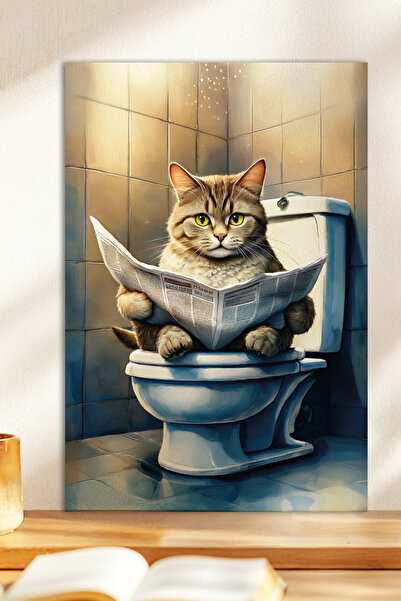 Zevahir Mobilya Dekorasyon 1 tablă MDF cu aspect de lemn cu pisică teme, care citeste o ziară într-un lavoar