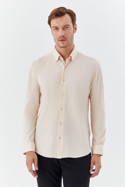 Sabri Özel Düğmeli Yaka Erkek Gömlek Krem