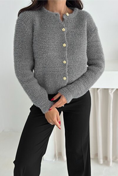 FEMELLE Gray Gold Button Detailed Soft Knitwear Cardigan - Standard Size