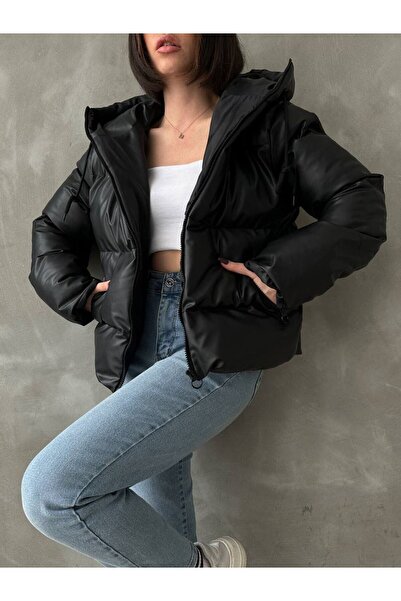 candybia Palton din piele neagră cu glugă pentru femei