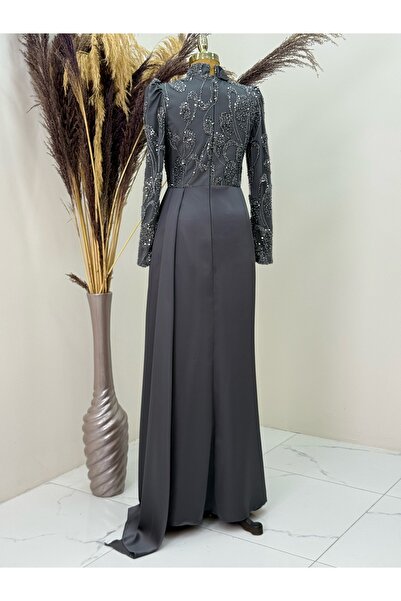PİENNAR Asude Evening Dress with Beaded Front Draped Tail