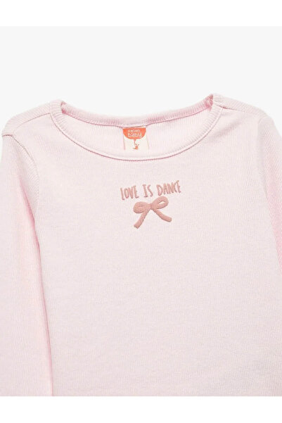 Koton Βαμβακερό μπλουζάκι με φιόγκο κεντημένο ροζ μακρυμάνικο μπλουζάκι για κοριτσάκι 6WMG10057AK