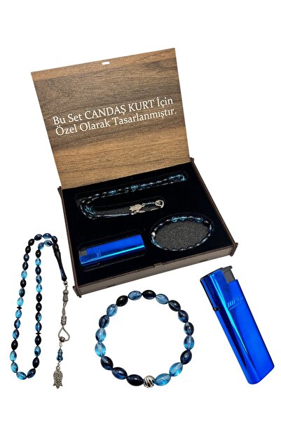 KANUNİ TESBİH 3 Lü Set Tesbih,Bileklik,Çakmak İsme Özel Ahşap Kutuda, Hediyel...