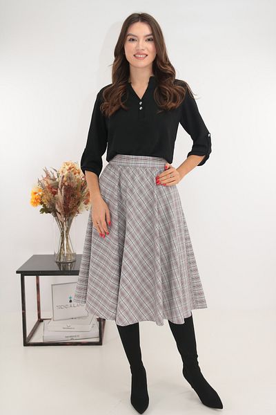 Vanessa Line RO Midi pleated skirt in gray fabric with checkered print