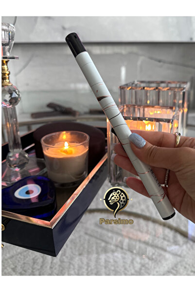 Parsimo Uzun Şamdan Şömine Ocak Çakmağı Bakır Beyaz Mermer Efekt