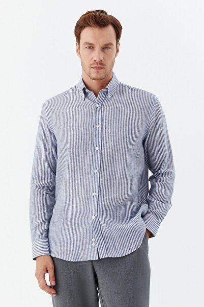Sabri Özel Çizgili Düğmeli Yaka Keten Erkek Gömlek İndigo