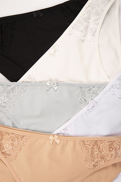 Happy Fox Cotton Women's Panties Lace Set of 5 Pack Lycra Slip Regular Waist Black
