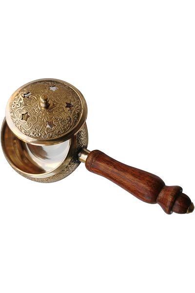 asmiat Hand Crafted Metal Lobandan Charcoal Incense Burner/Bakhoor Burner with Wooden Handle(Round)