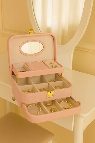 Evistro صندوق مجوهرات بقفل أوتوماتيكي قابل للسحب مع درجين منظم لصندوق المجوهر...