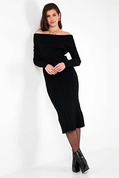 Lela Premium Fitilli Carmen Yaka Slim Fit Midi Boy Triko Elbise ELBİSE 680EL00033