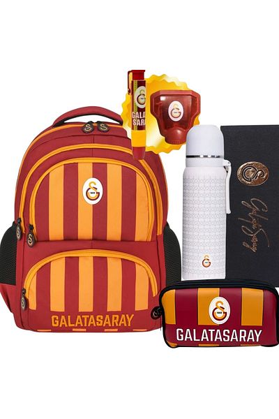 Galatasaray School-Backpack, Double Eyed Pen Bag - Licensed Steel Thermos Premium Set with Cup